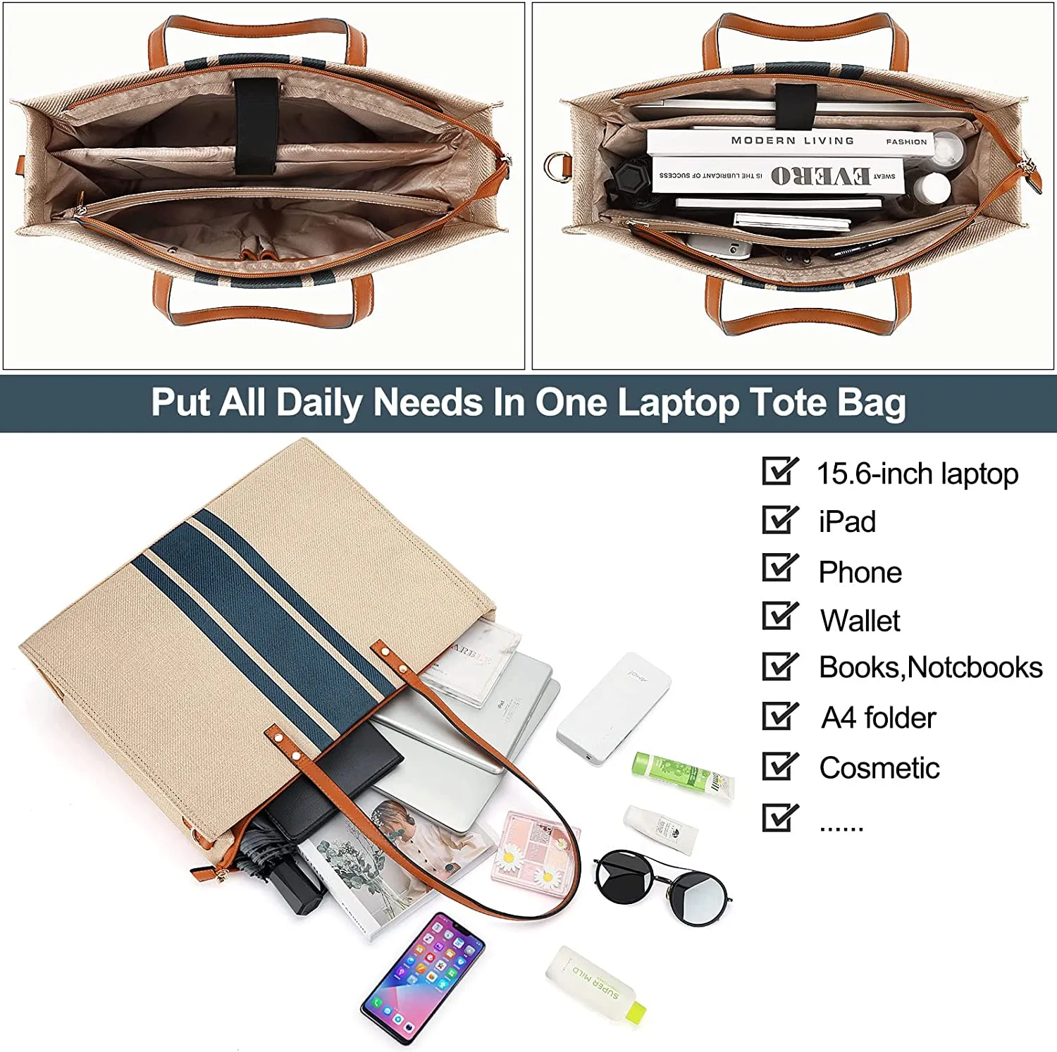 15.6 Inch Laptop Tote Bag for Women, Large Canvas Work Tote Bags for Women, Computer Briefcase Shoulder Bag, Casual Beach Bag