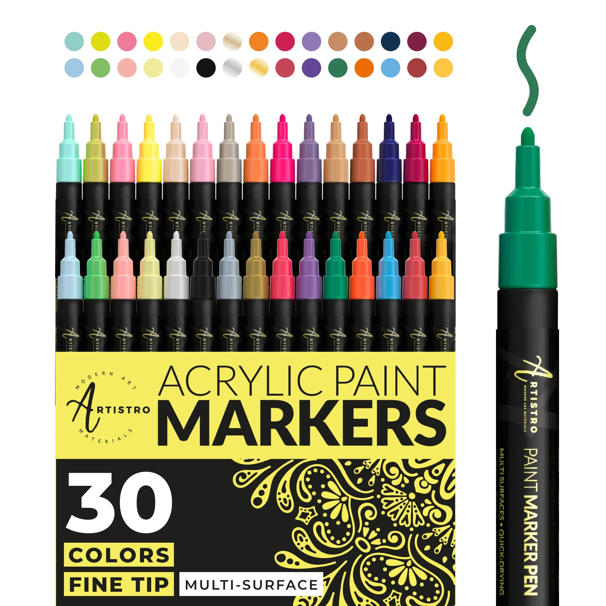 Artistro Acrylic Paint Pens For Fabric, Glass, Fine Tip, 30 colored paint markers