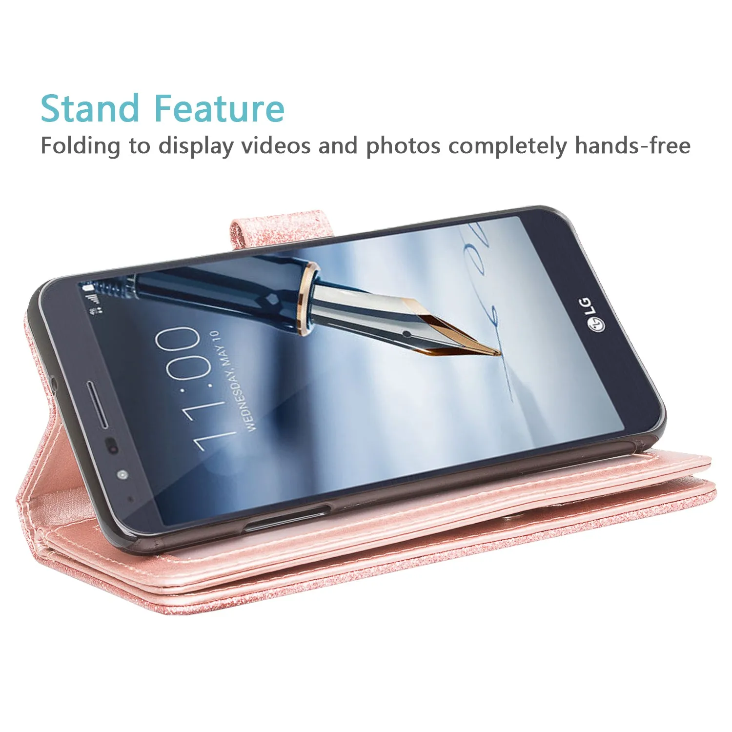 LG Escape Plus Case,Arena 2/K30 2019 Case, Glitter Faux Leather Flip Credit Card Holder Wrist Strap Shockproof Protective Wallet Case Clutch for LG Escape Plus/Arena 2/K30 2019 - Rose Gold