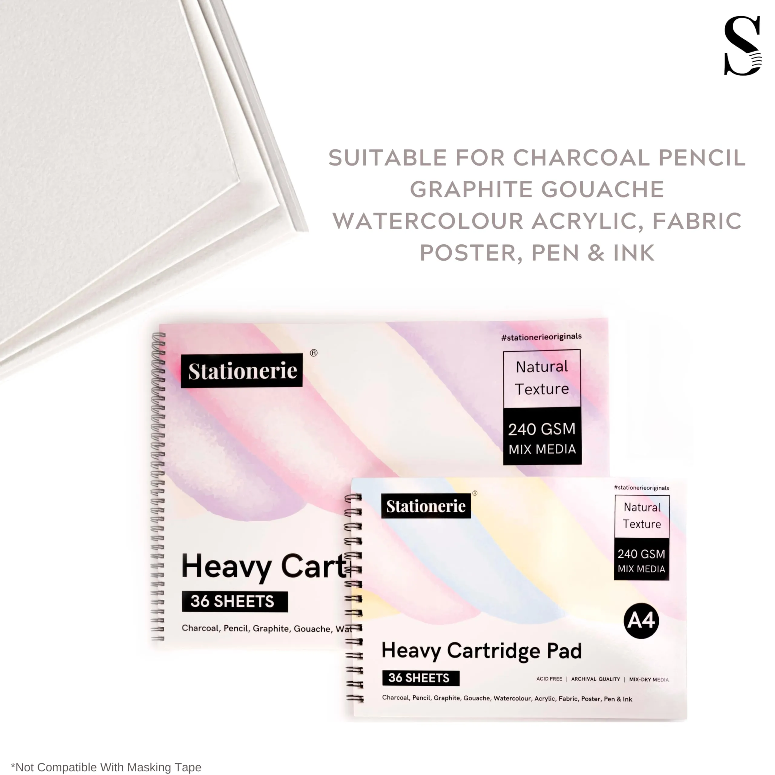 Stationerie Mix Media Heavy Buff Cartridge Pad 36 Sheet, 72 Pages for Watercolor, Acrylic, Gouache, Pen, Pencil, Charcoal, Dry Mix Media (A3)(240 GSM)