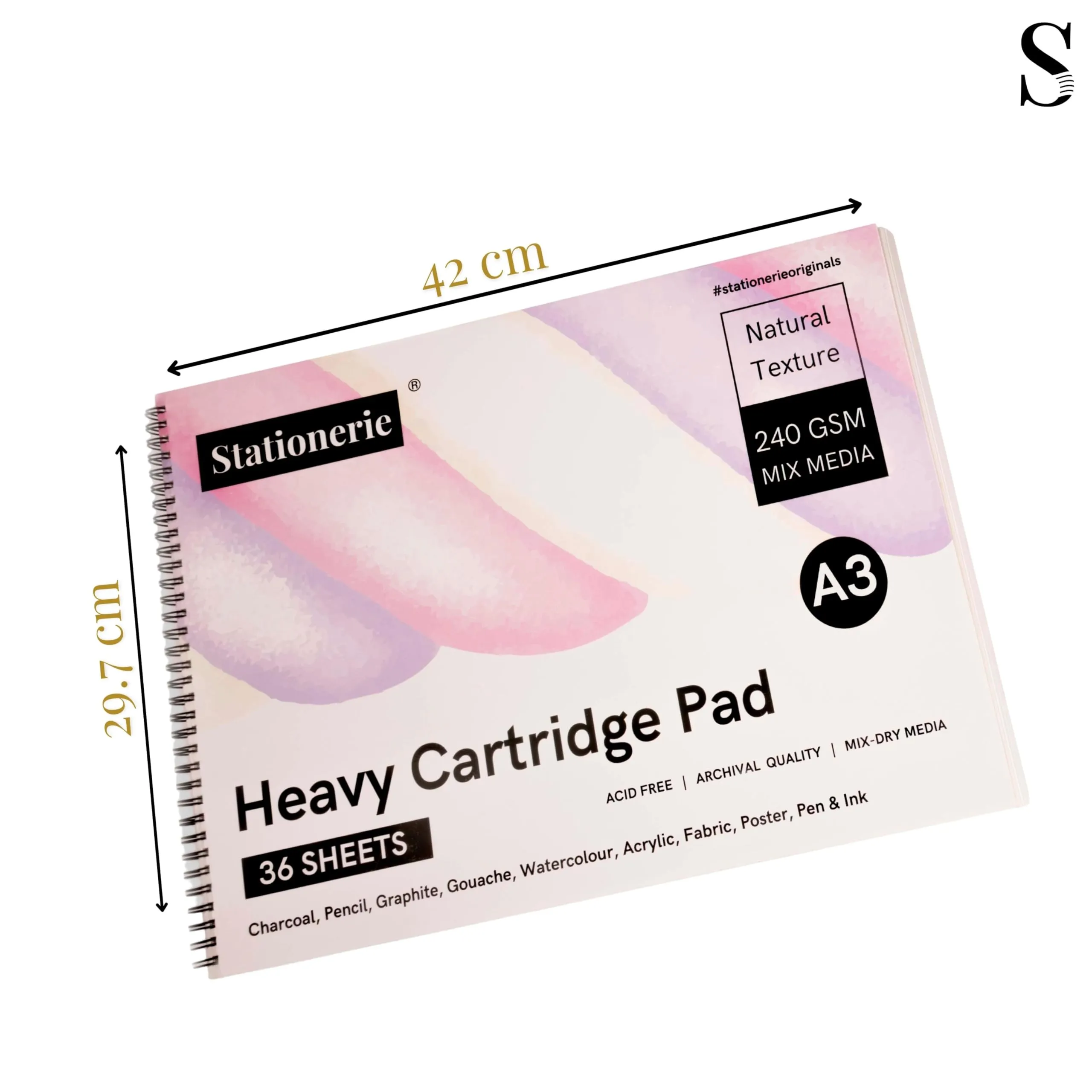 Stationerie Mix Media Heavy Buff Cartridge Pad 36 Sheet, 72 Pages for Watercolor, Acrylic, Gouache, Pen, Pencil, Charcoal, Dry Mix Media (A3)(240 GSM)
