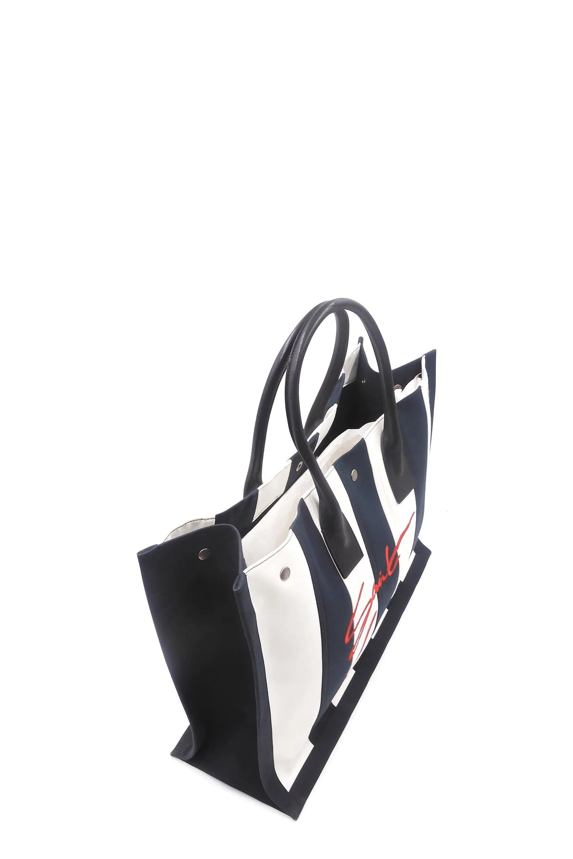 Striped Canvas Noe Cabas Tote Black White