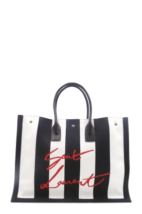 Striped Canvas Noe Cabas Tote Black White